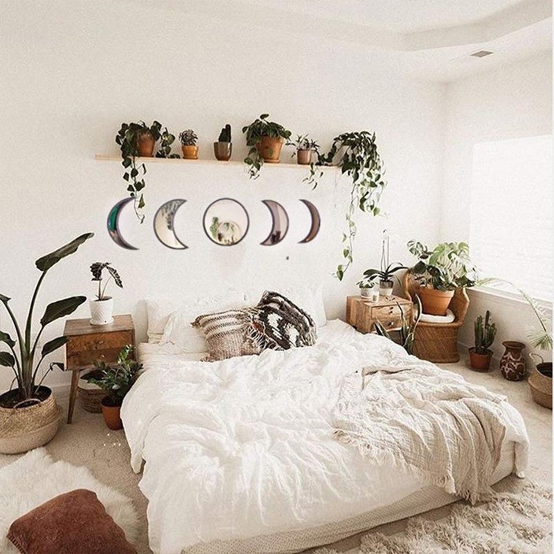 Keweis Scandinavian Decor 5-Piece Acrylic Wall Decor - Wooden Moon Phase Mirror, Bohemian Design for Living Room, Bedroom - Beige - Image 3